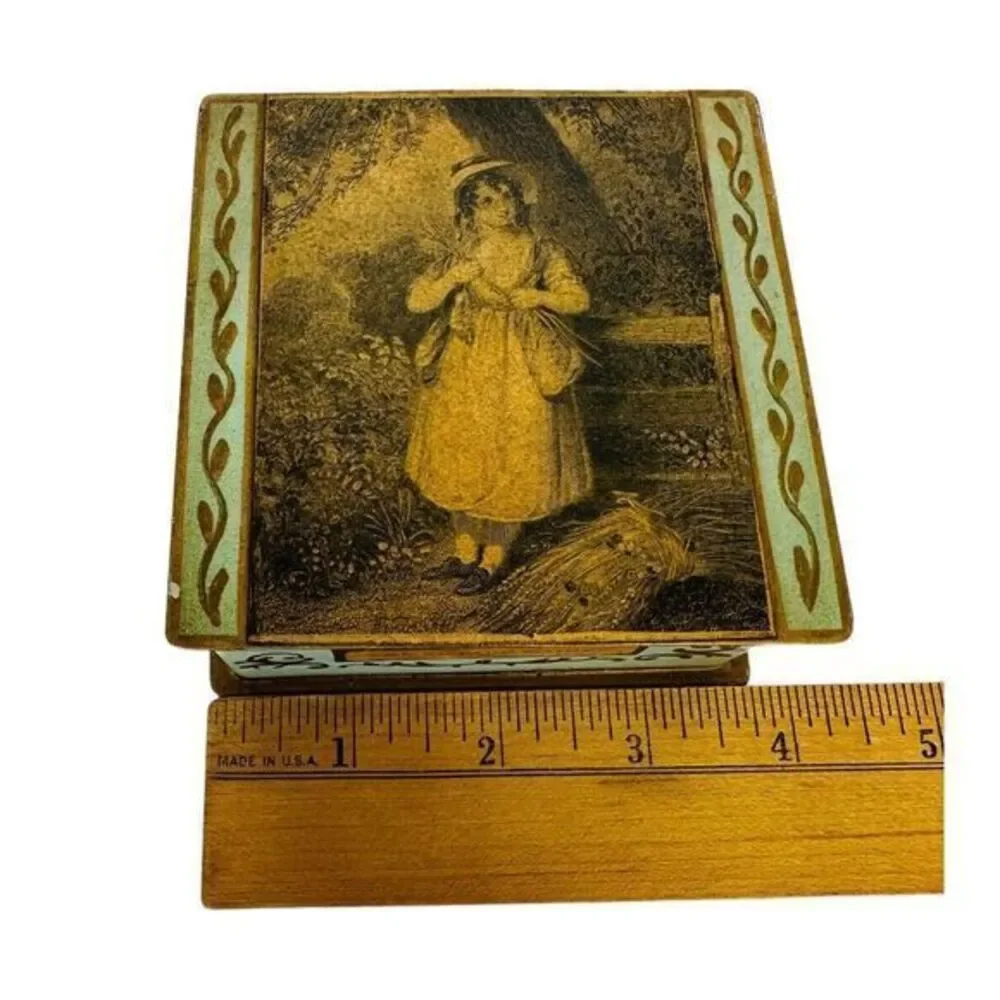 Vintage Hinged Metal Trinket Jewelry Box Blue/Green With Gold Trim  3.75